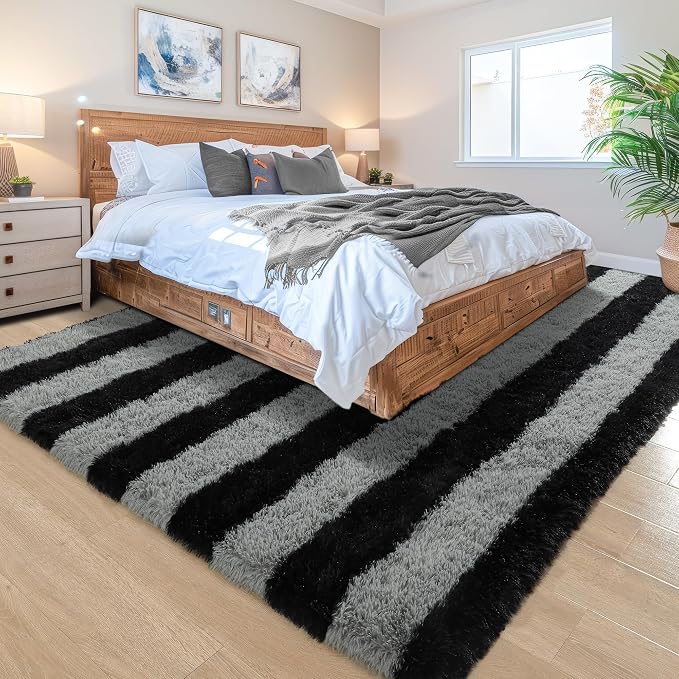 5x7 Black and Grey Fluffy Soft Area Rug Non-Slip - Image 3