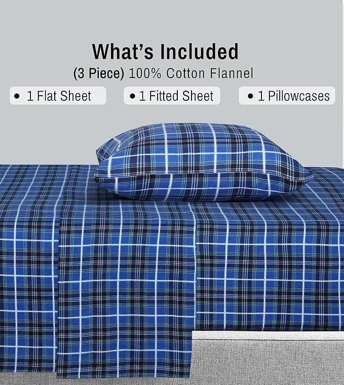 RUVANTI Flannel Sheets Twin XL Size - 100% Cotton Double Brushed Twin XL Sheet Sets, Deep Pockets 16 Inches, All Seasons Breathable & Extra Soft Bed Sheets, Warm & Cozy, 3 Piece, Blue Plaid