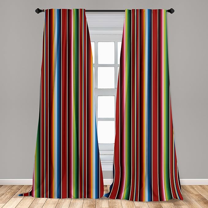 Ambesonne Cinco de Mayo Curtains, Mexican Serape Colorful Stripes Vertical Lines Latino Illustration, Window Treatments 2 Panel Set for Living Room Bedroom Decor, Pair of - 28" x 63", Burgundy Blue
