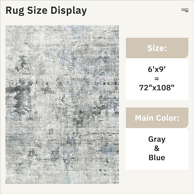 Soalmost Abstract Area Rug 6x9 for Living Room Washable Rugs Gray/Blue | - Image 5