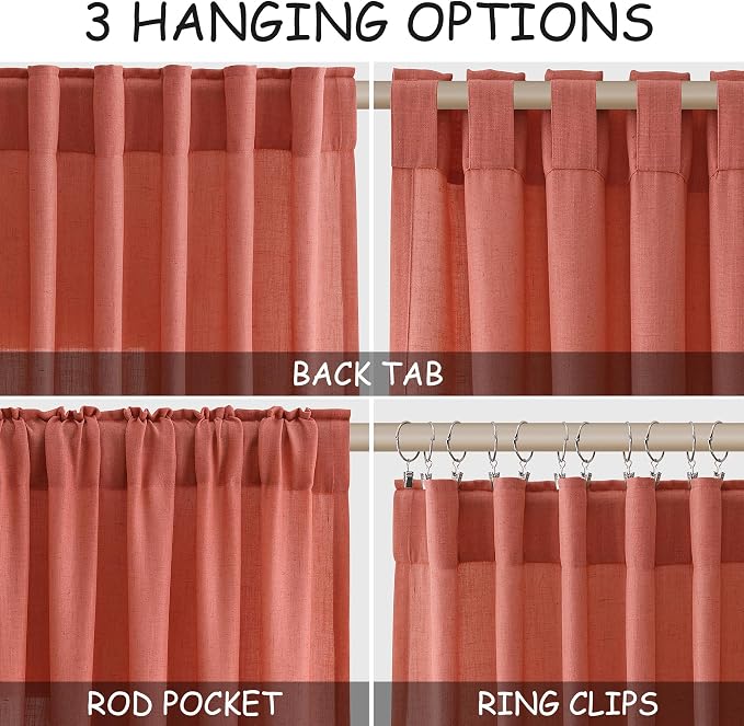 Coral Linen Curtains 90 Inch Length 2 Panel Set Back Tab Rod Pocket Semi Sheer - Image 2