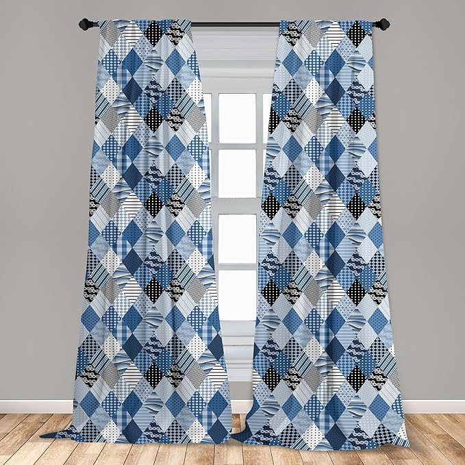 Ambesonne Geometric Window Curtains, Geometrical Diamond Shaped Lines with Various Nostalgic Fashioned Old Pattern, Decorative Panels Set of 2 with Rod Pocket, Pair of - 28" x 63", Black Blue