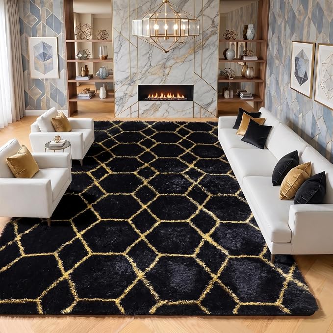 8x10 Area Rugs for Living Room, Fluffy Black and Gold Bedroom Geometric Rug | by ONASAR