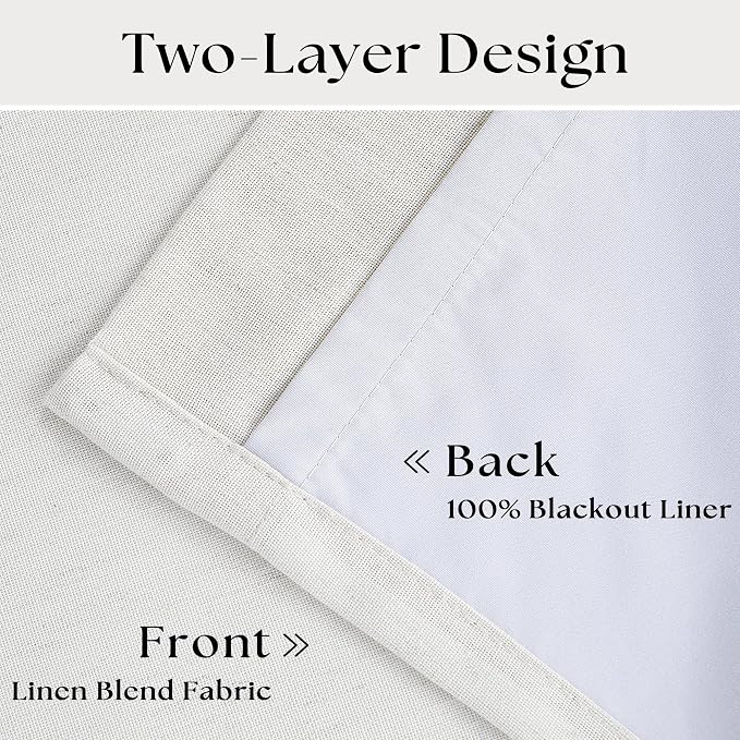Beige White Extra Long 100% Blackout Linen Curtains 120 Inches Long 2 Panels - Image 4