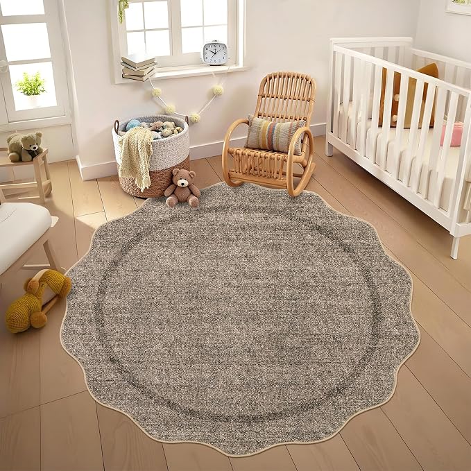 GarveeHome Scalloped Washable Round Rugs, Non-Slip Soft Round Rug 4ft Brown | by GarveeHome