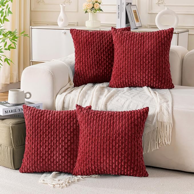 Set of 4 Burgundy Decorative Throw Pillow Covers 24x24 Inch Corduroy Pillow by Cozoomy