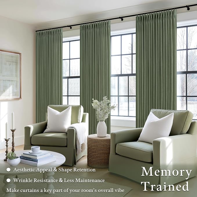 Olive Green Linen Pleated Curtains Semi Sheer Boho Curtain 50Wx80L 2 Panels | - Image 2