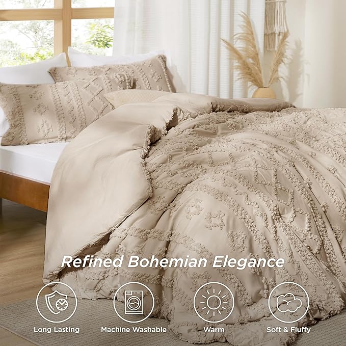 Bedsure Tufted Boho Comforter Set Twin Size - Khaki Boho Bed Set, GentleSoft™ 2 Pieces Farmhouse Shabby Chic Embroidery Bedding, Gifts for Woman, Soft Jacquard Twin Comforter for All Seasons