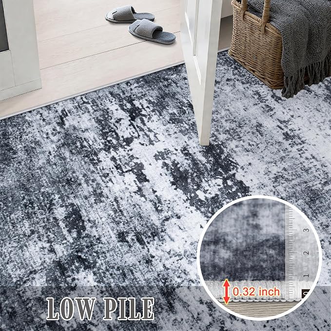 2.6x14 Washable Runner Rug:Modern Abstract Indoor Carpet Black | - Image 9