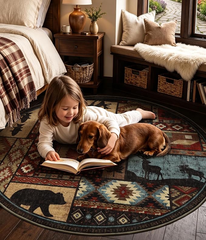 Rustic Round Rug 4ft, Washable Circle Rug - Image 6