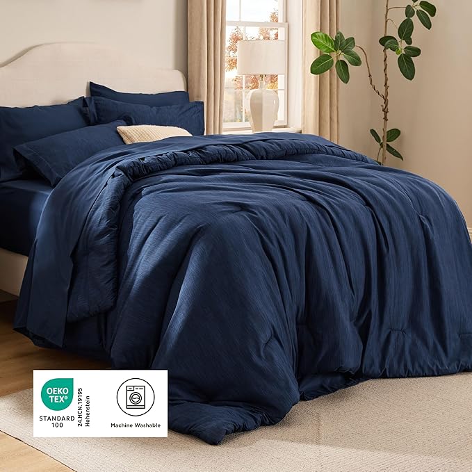 Bedsure Queen Comforter Set Navy - Bed in a Bag Queen Size Bedding 7 Pieces, Cationic Dyed Bed Set Gift for Family, Navy Soft Bedding for All Seasons Comforter with Sheets, Pillowcases & Shams