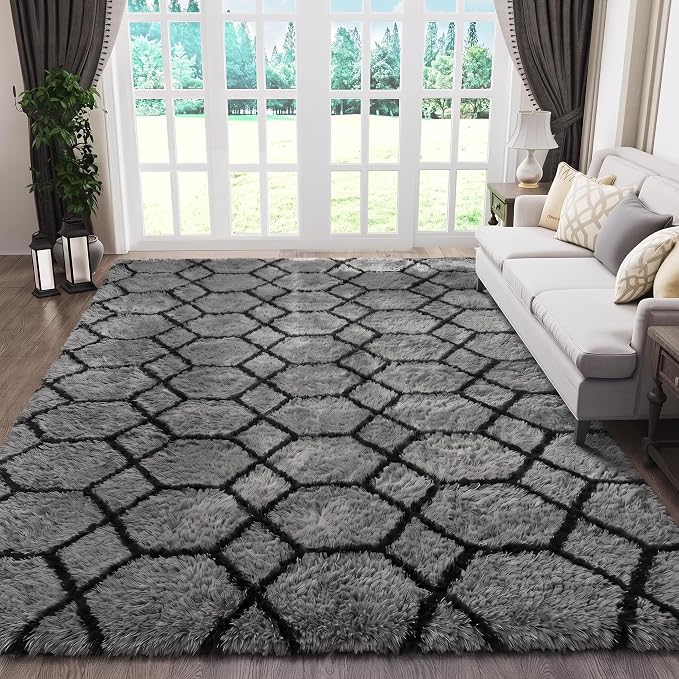 6x9 Area Rugs for Living Room Bedroom, Fluffy Grey and Black Geometric Rug | by ONASAR