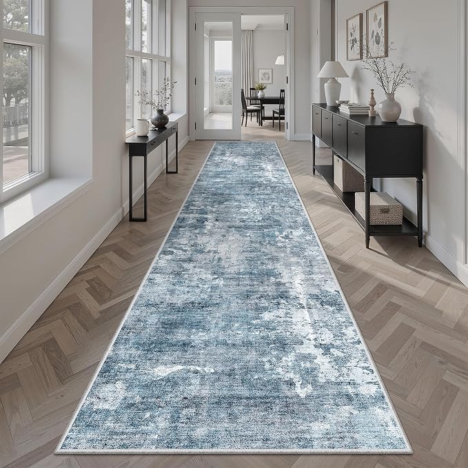 Soalmost Abstract Runner Rug 2x12 Hallway Kitchen Runners Blue/Grey | Stain by Soalmost