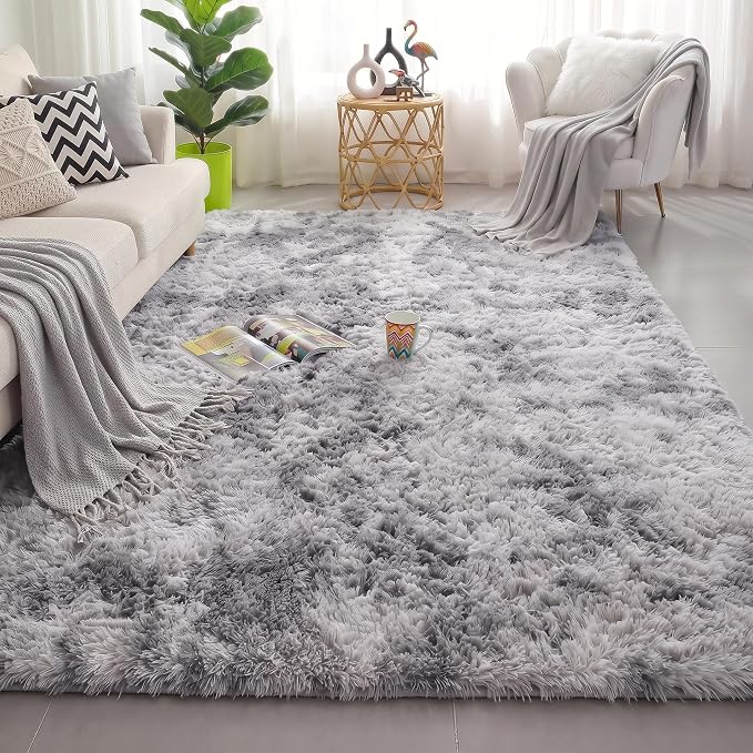 Amdrebio Tie-Dyed Light Grey Fluffy Large Rug 6x9 - Image 5