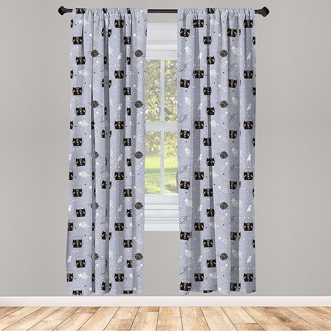 Ambesonne Outer Space Window Curtains, Astronaut Cats Exploring The Universe on Dotted Background, Lightweight Decor 2-Panel Set with Rod Pocket, Pair of - 28" x 95", Purple Grey