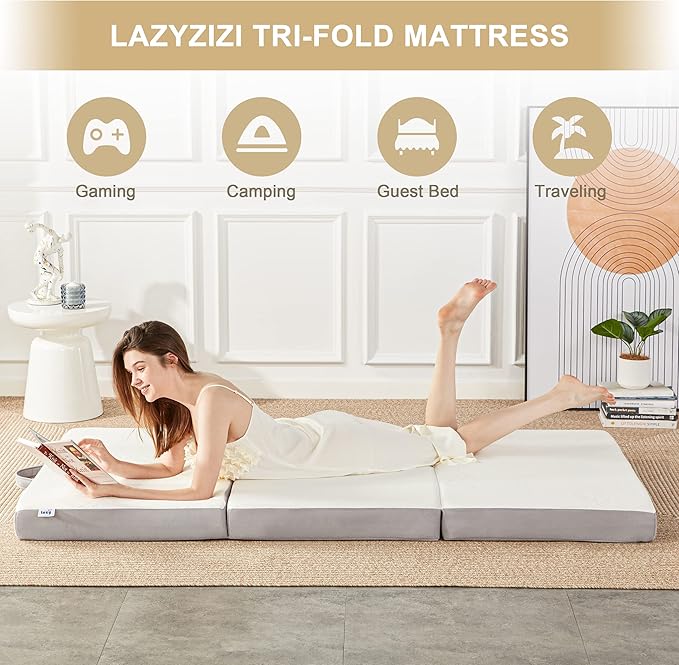 Folding Mattress - 4 Inch Memory Foam Tri-fold Mattress with Breathable & Washable Bamboo Fiber Fabric Cover - Foldable Guest Bed for Camping, Road Trip, Full