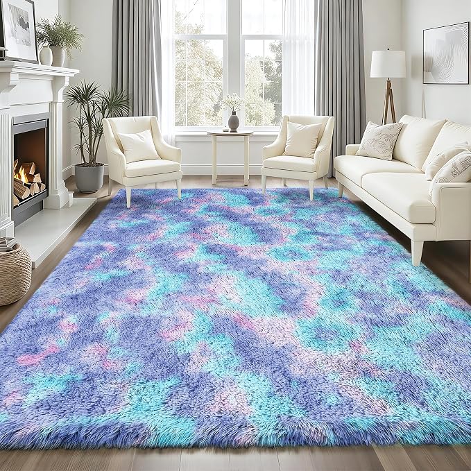 PLHXFR 9x12 Area Rugs Living Room: Fluffy Bedroom Soft Shag Rug Kid Rainbow | - Image 3