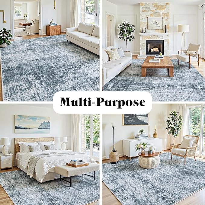 9x12 Area Rug for Living Room Bedroom: Non-Slip Modern Light Slate Blue | - Image 3