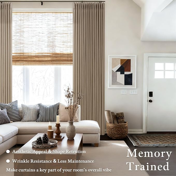 102 Inch Light Brown Thick Linen Pleated Semi Sheer Curtains - Image 6