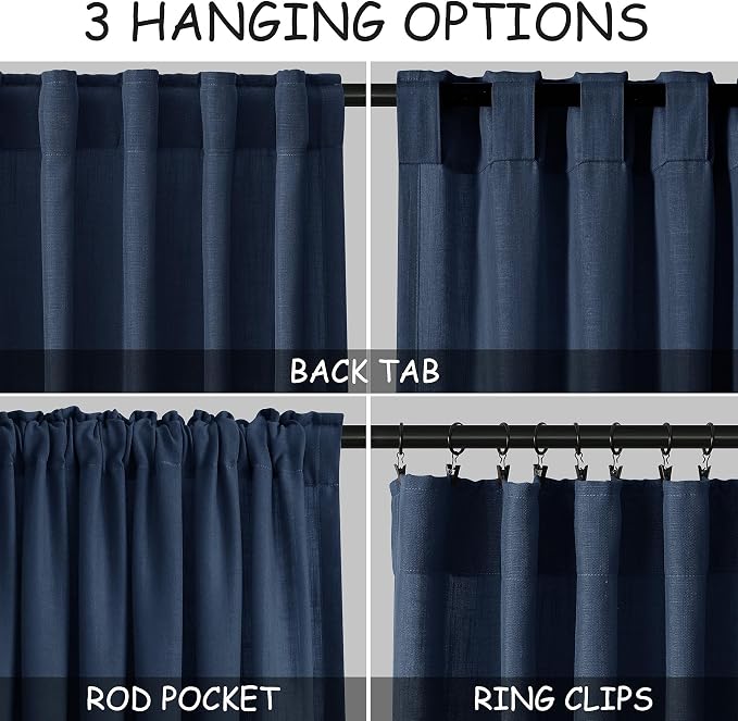 Denim Blue Linen Curtains 90 Inch Long 2 Panels Set - Image 2