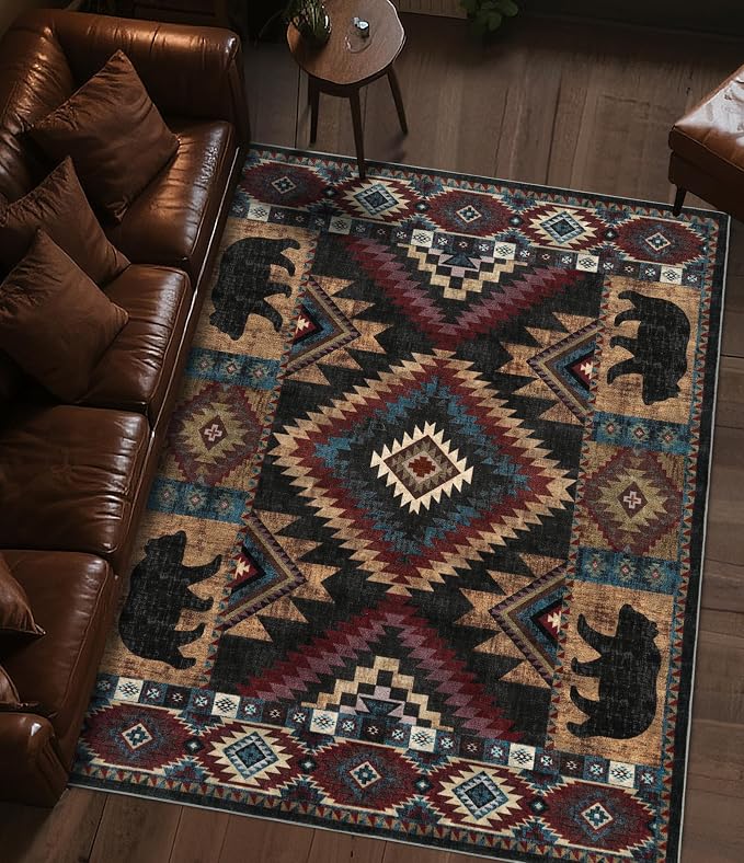 Rustic Cabin Area Rug for Bedroom 6x9, Machine Washable Lodge Bear Rug - Image 3