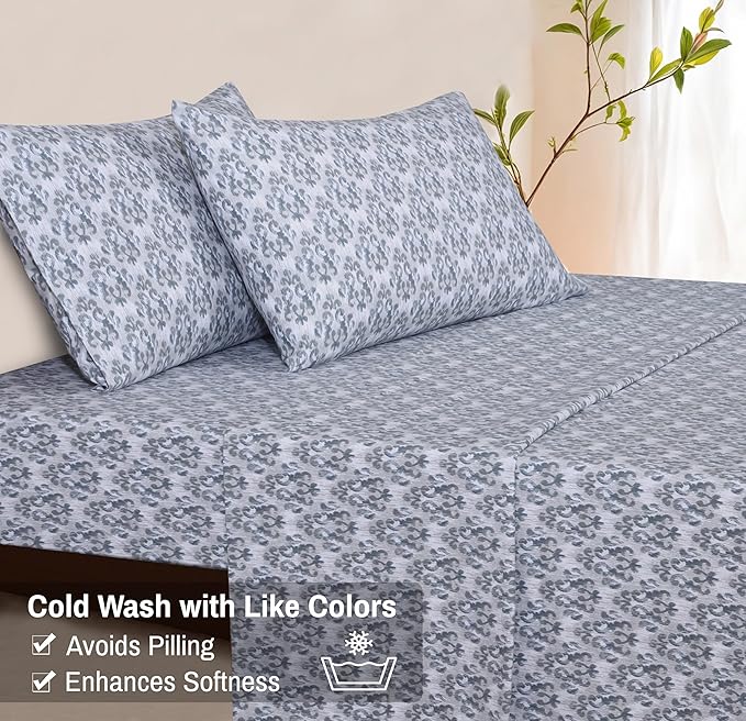 RUVANTI Flannel Sheets King Size - 100% Cotton Brushed King Size Sheets Set - Deep Pockets 16 Inches Bed Sheets - All Seasons Breathable & Extra Soft - Warm & Cozy, 4 Piece, Damask