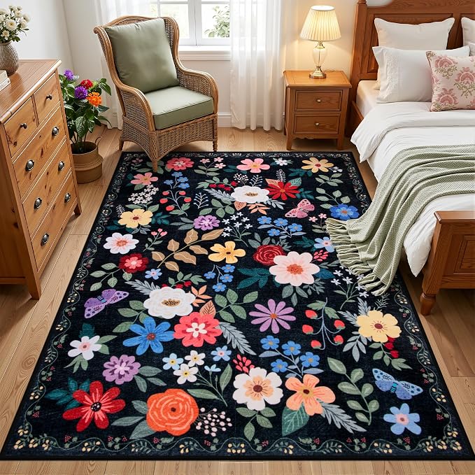 PLHXFR Area Rug Living Room: 3x5 Floral Washable Boho Soft Carpet Black | - Image 2