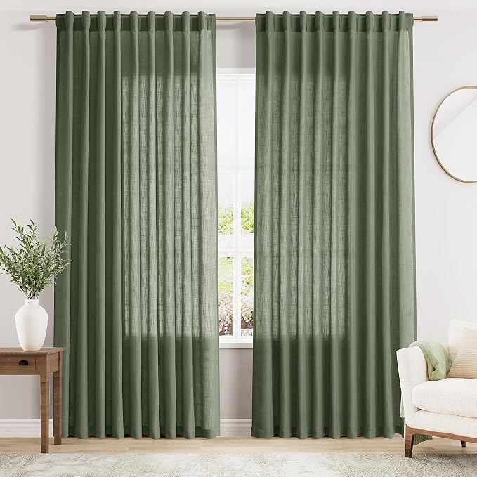 70 Inches Wide Olive Green Linen Curtains by Nanspring