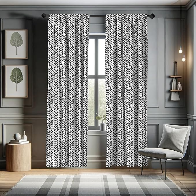 Ambesonne Black and White Window Curtains, Modern Grunge Botany Motif Monochrome Brush Paint Style Strokes, Lightweight Decor 2-Panel Set with Rod Pocket, Pair of - 28" x 63", White and Black