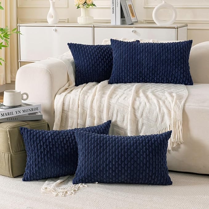 Set of 4 Navy Blue Decorative Throw Pillow Covers 12x20 Inch Corduroy Pillow by Cozoomy