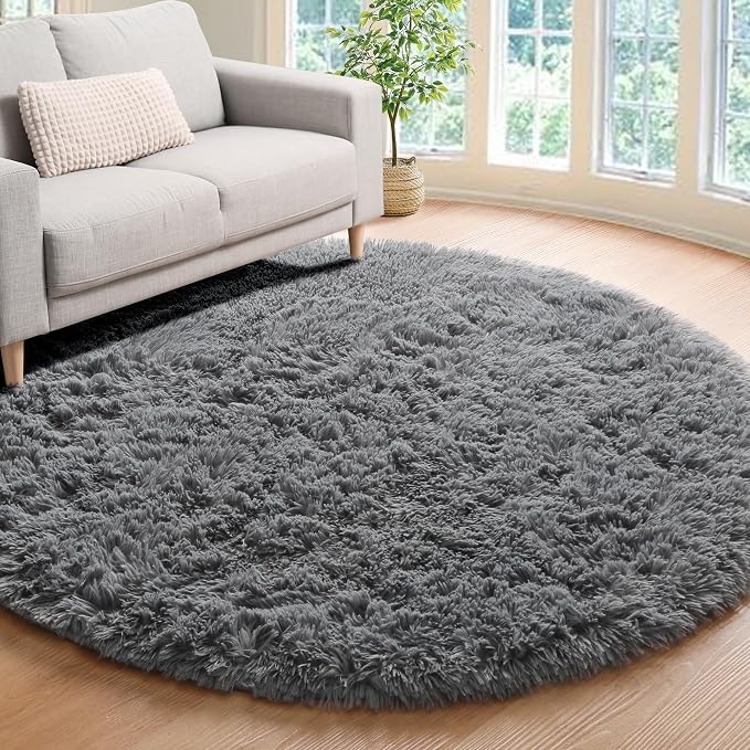 Grey Round Area Rug 4ft, Fluffy Plush Shaggy Carpet Mats by ONASAR