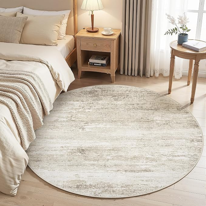 Washable Round Rug 4ft for Bedroom: Circle Neutral Soft Rug Abstract Non Slip - Image 2