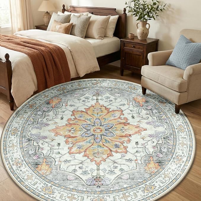 RELEANY Washable Area Rug, Round 6ft, Water Repellent, Pet Friendly, Vintage - Image 3