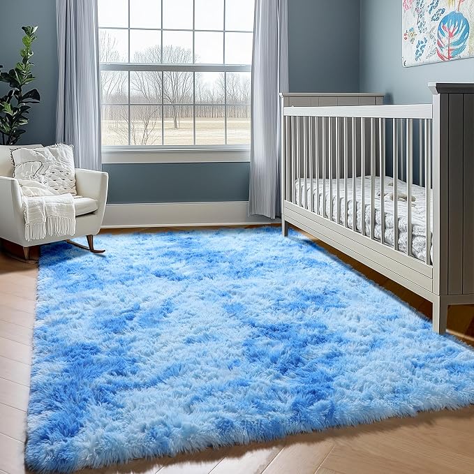 Tie-Dye Blue Rugs for Living Room Bedroom, Fluffy 5x8 Bedside Area Rug - Image 8