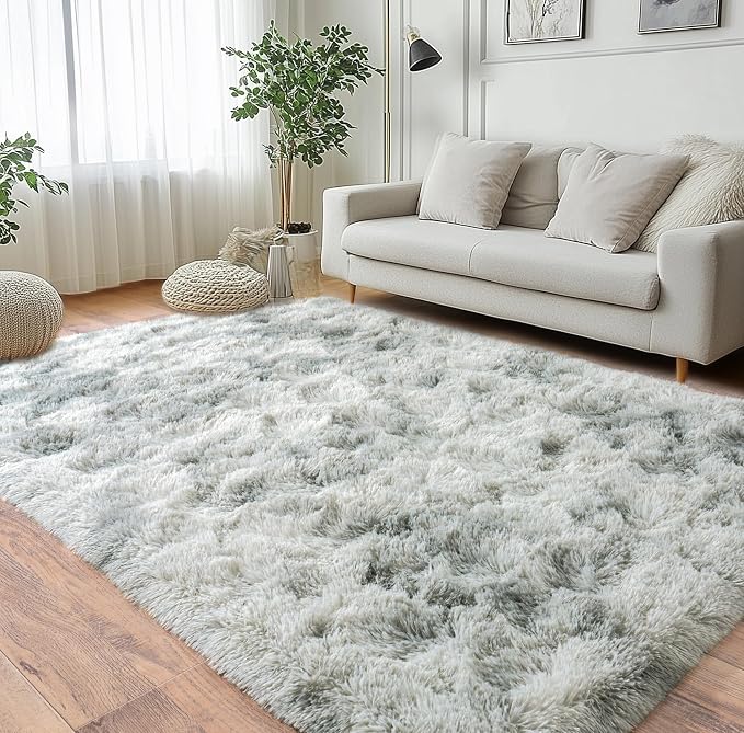 Super Fluffy Area Rug for Living Room 5x7, Shaggy Carpet, Tie Dye Grey | Modern - Image 8