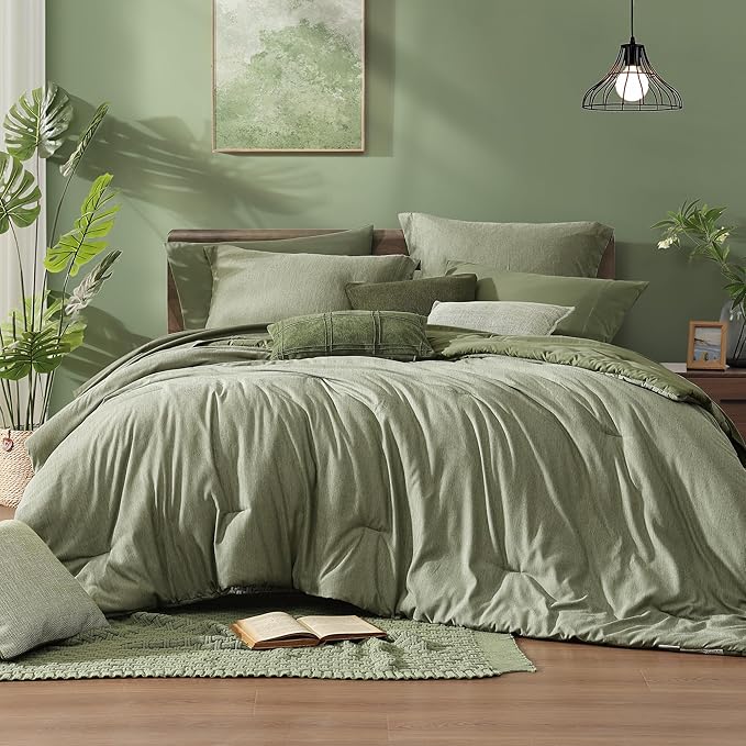 Monbix Twin XL Comforter Set Sage Green, Cationic Dyeing Bedding Set Reversible 5 Pieces, All Season Bed in a Bag with Comforter, Sheets, Pillowcase & Sham