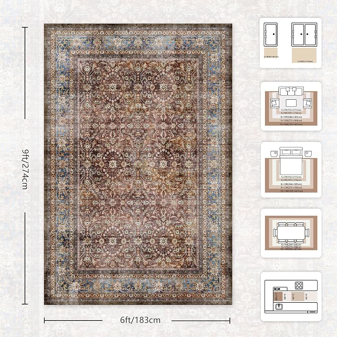 6x9 Area Rugs - Washable Vintage Retro Living Room Rug, Soft Ultra Thin Non - Image 2