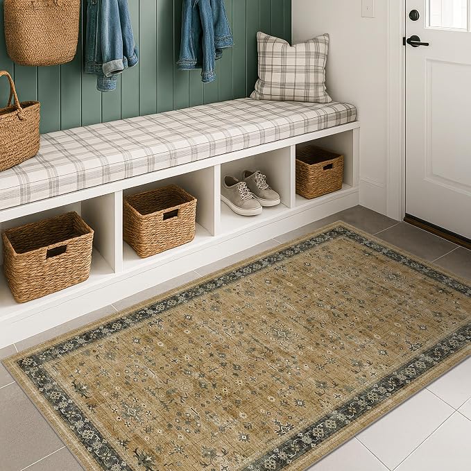 Boho Natural Earthy 3x5 Entryway Rug, Washable Mudroom Area Rug, Modern Vintage by HazoHaus