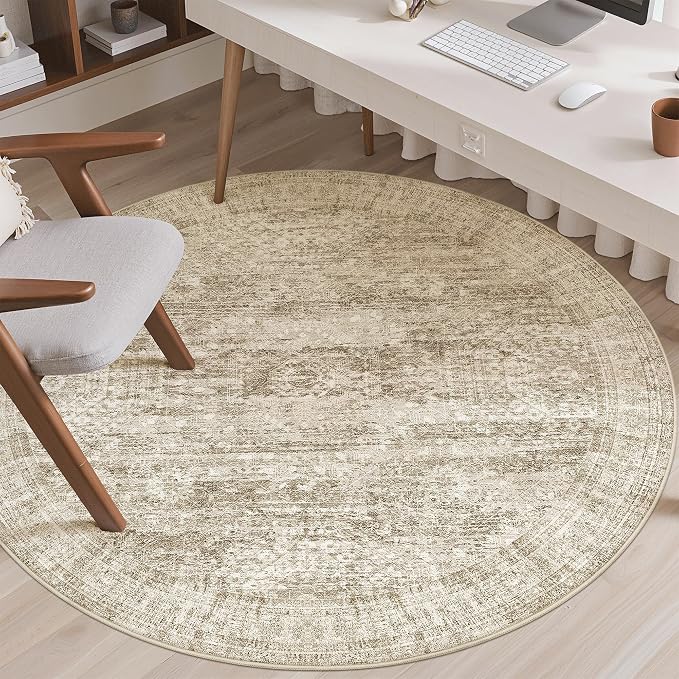 Soalmost 5x5 Brown Round Rug 6ft Circle Living Room Area Rugs Non-Slip | - Image 4