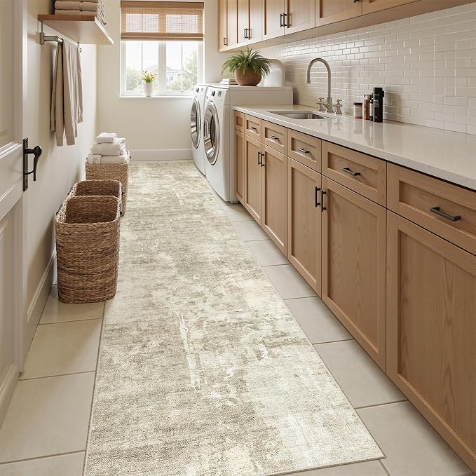 Soalmost Abstract Runner Rug 2x12 Hallway Kitchen Runners Beige/Gray | Vintage - Image 4