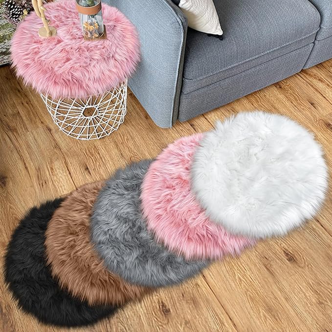 15.7 Inches Mini Pink Round Faux Fur Sheepskin Area Rug, Fluffy Small Circle - Image 3
