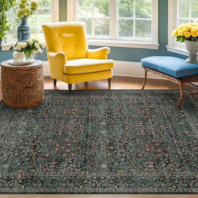 Dark Green Floral Living Room Rug 5x7 Area Rug - Image 9