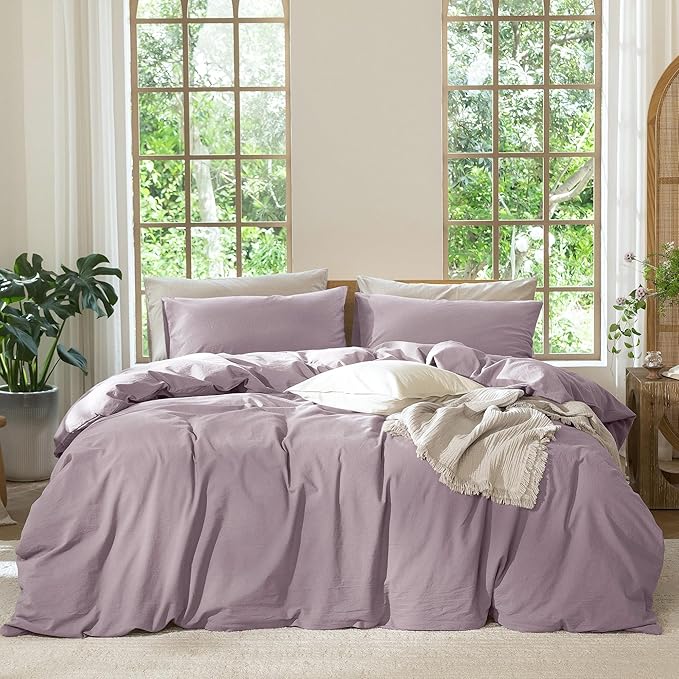 MooMee Bedding Duvet Cover Set 100% Washed Cotton Linen Like Textured Breathable Durable Soft Comfy (Solid Taro Purple, King 104"x90")