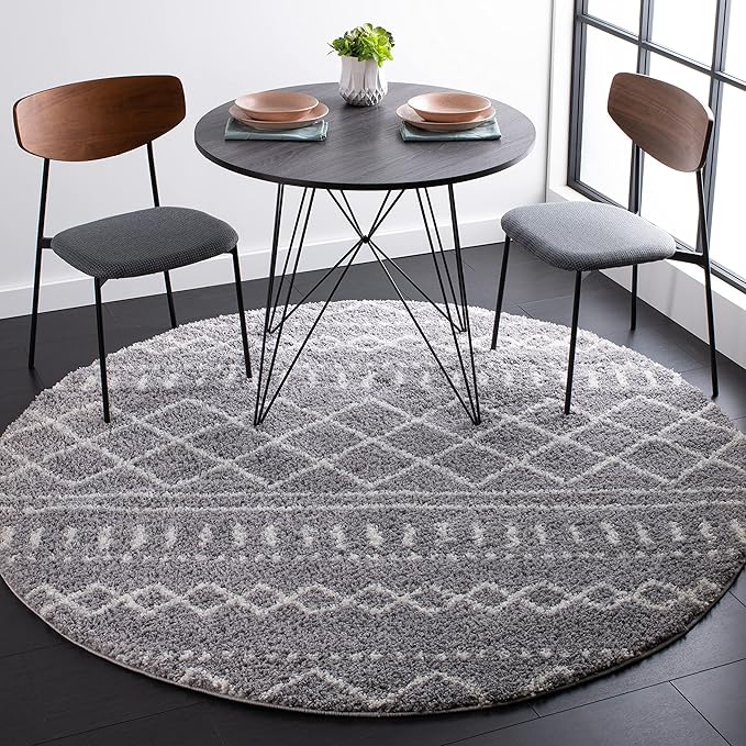 SAFAVIEH Arizona Shag Collection Area Rug - 3'2" Round, Grey & Ivory, Moroccan Design, Non-Shedding & Easy Care, 1.6-inch Thick Ideal for High Traffic Areas in Living Room, Bedroom (ASG741G)