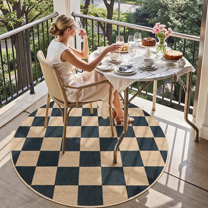 Lahome Checkered Easy Jute 4ft Round Outdoor Rug, Washable Small Rugs Black | - Image 3