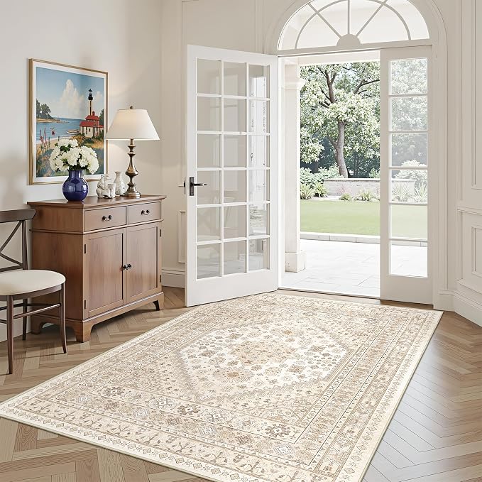 3x5 Washable Area Rug for Entryway Non Slip Rugs, Cream/Beige | Vintage Kitchen by Restydon