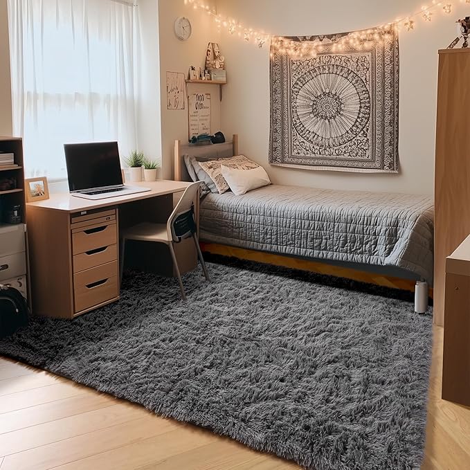 Grey Area Rugs for Bedroom Living Room, Fluffy Fuzzy Shag Shaggy 4x6 Bedside Rug - Image 4