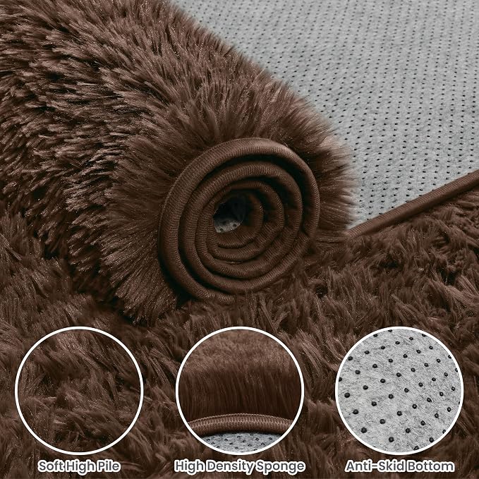 2x6 Fluffy Shag Area Rugs for Living Room Bedroom: Soft Plush Carpet Brown | - Image 6