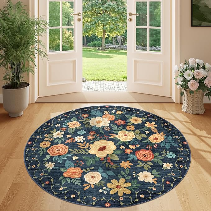 DUKINO 4ft Round Rug, Floral Washable Small Round Area Rug, Low Pile, Soft - Image 5