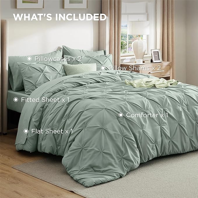 Bedsure Oversized King Comforter Set Sage Green - Bed in a Bag Bedding Set 7 Pieces, GentleSoft™ Pintuck Bed Set Gift for Family, Pinch Pleat Sage Green Comforter with Sheets, Pillowcases & Shams